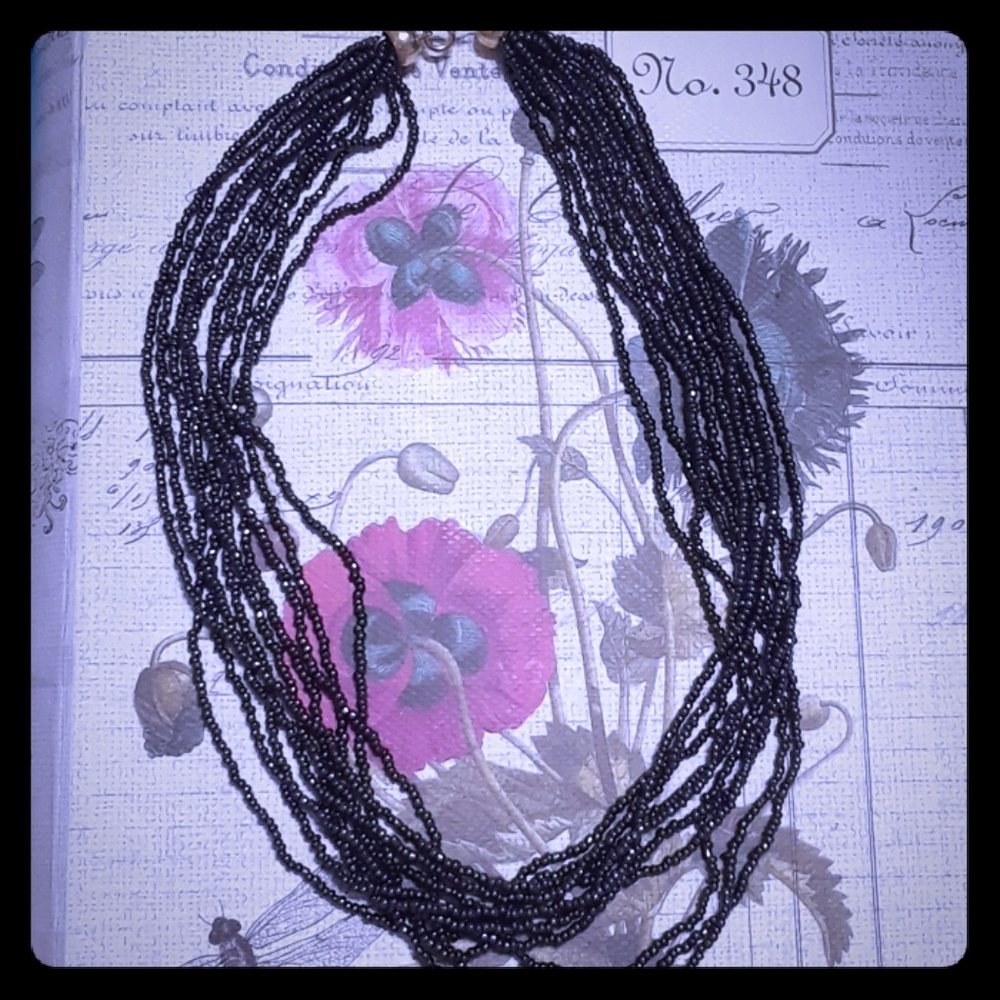 Gunmetal black seed bead necklace with gold toned